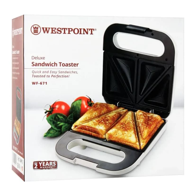 Westpoint WF-671 Power Ready indicator light, 2 Slice, Non-Stick Coated cooking plate, Cool touch Housing and Hanle Stand 800W